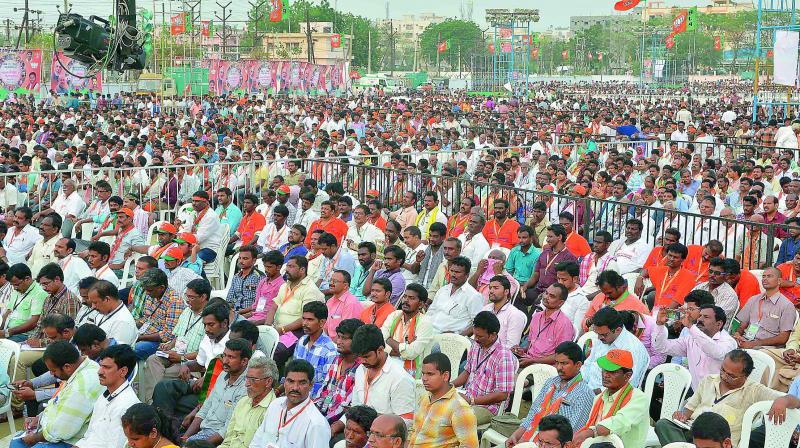 The huge gathering at BJP president Amit Shahs meeting in Vijayawada on Thursday. (Photo: DC)