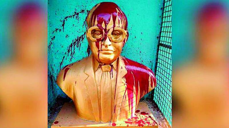 A bust of B.R. Ambedkar desecrated at Tiruvottiyur in Chennai.
