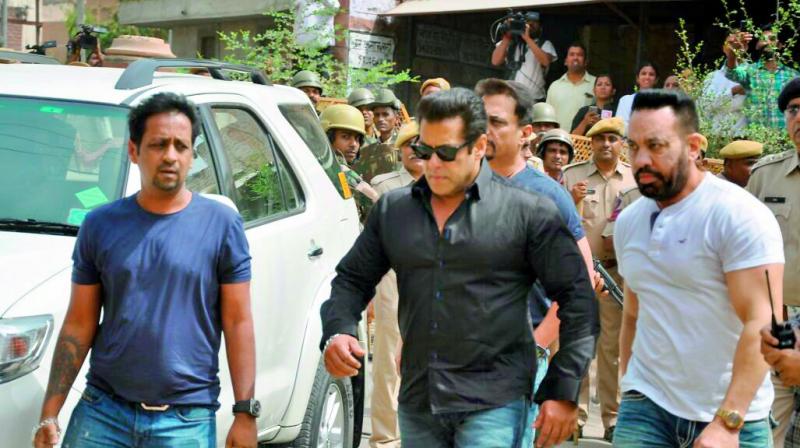 Bollywood actor Salman Khan arrives at the court for a hearing in allegations on blackbuck hunting case, in Jodhpur on Thursday. 	(Photo: PTI)