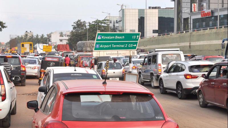 The traffic jams have been regular since March 23, particularly on holidays, next to Mall of Travancore. A view on Sunday. (Photo: DC)