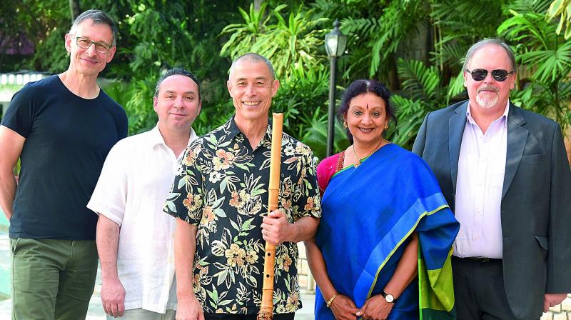 of dance and music: Ian Cleworth, Lee, Railey Lee, Anandavalli and Sean Kelly (Australian Counsul-General for South India)