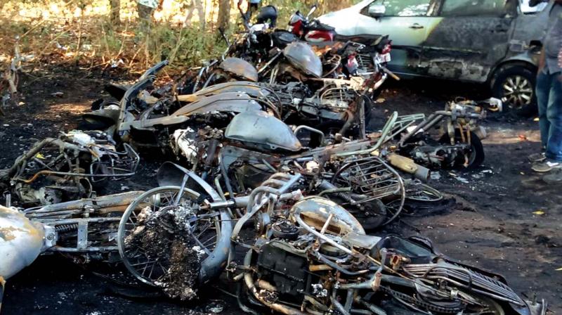 The fire, reportedly spread from dry grass in the area, destroyed over 15 motorcycles and a car which were parked at the north end of Karunagapally railway station.