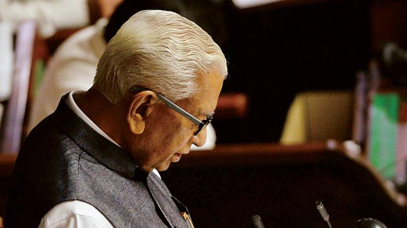 Governor Vajubhai Vala addressing the joint session of the state legislature in Bengaluru on Monday. (Photo: DC)
