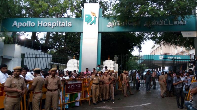 Heavy security deployment outside Apollo hospital in Chennai. (Photo: DC)