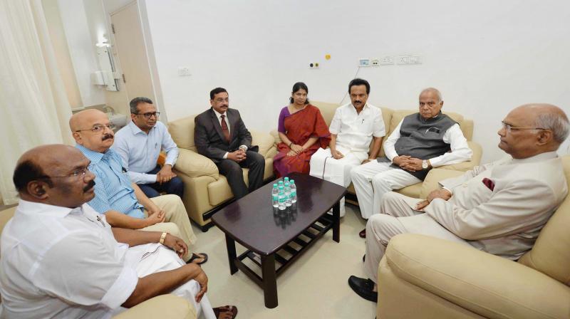 President Ram Nath Kovind meets DMK leaders MK Stalin and Kanimozhi at Kauvery hospital, where their father and party chief M Karunanidhi is being treated, in Chennai, on Sunday. (Photo: PTI)