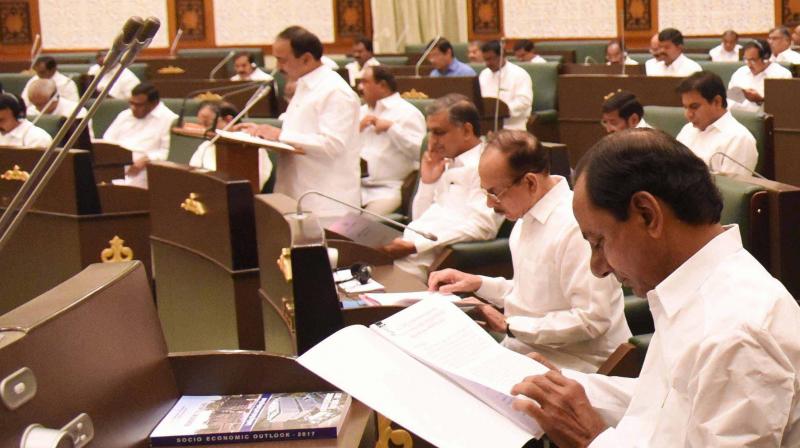 Telangana Finance Minister Etela Rajender presenting State Budget in the Assembly in Hyderabad on Monday. (Photo: PTI)