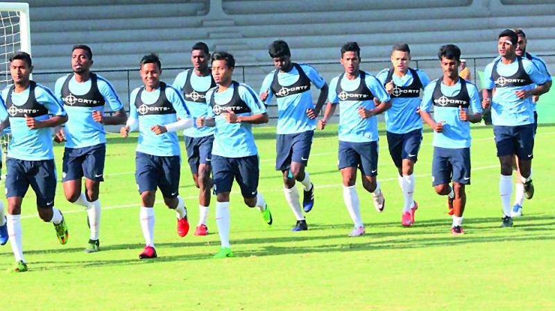 Members of the India team at a practice session in Phnom Penh, Cambodia, on Tuesday, the eve of their friendly against the hosts.