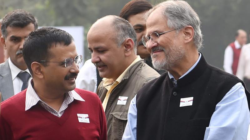 In this file picture Delhi Lt Governor Najeeb Jung is seen with Chief Minister Arvind Kejriwal in New Delhi. (Photo: PTI/File)