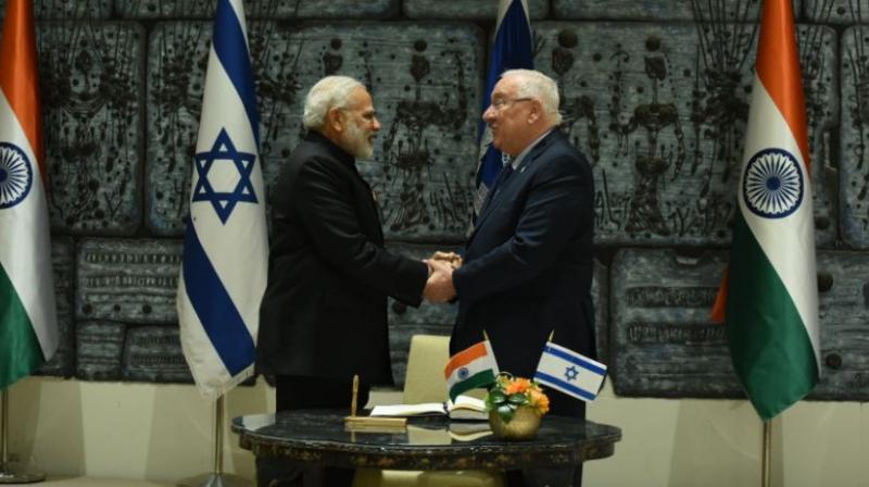 Modi, who arrived in Tel Aviv on Wednesday for a three-day visit, met Rivlin at his residence. (Photo: Twitter/ MEA India)