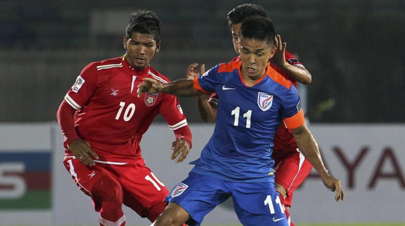 Sunil Chhetri found the back of the net late in the game, to silence the 20,000-strong crowd. (Photo: AP)
