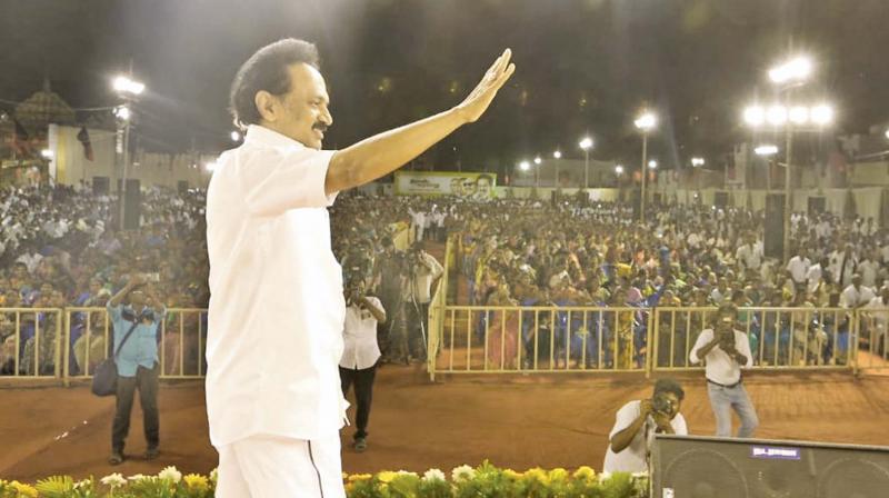 DMK president M.K. Stalin at a party rally in Sattur on Monday (Photo: DC)