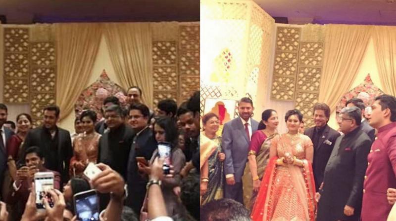 Salman Khan and Shah Rukh Khan at the wedding ceremony of Law Union Minister Ravi Shankar Prasads daughter in New Delhi.