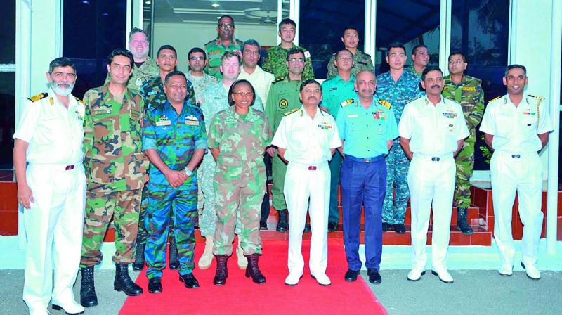 Course officers from the 72nd Staff Course of the Defence Service Staff College, Wellington, along with chief instructor, (Army) Major General M.S. Kohli and chief instructor (Navy) Rear Admiral Sudhir Pillai during their annual demonstration tour in Visakhapatnam on Friday. (Photo: DC)