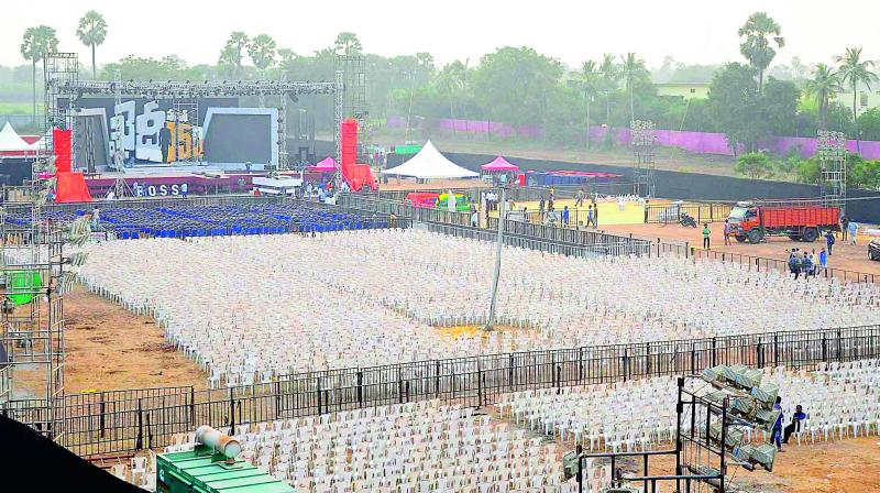 Arangements being made for the pre-release function of Chiranjeevis new film at Chinna Kakani in Guntur district on Friday. (Photo: DC)