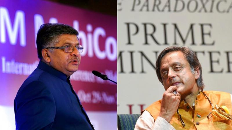 Union Law Minister Ravi Shankar Prasad (L) had made the statement during press conference after Congress MP Shashi Tharoor (R) quoted unnamed RSS source as saying that PM Modi was like scorpion sitting on a Shiva Linga who cannot be removed by hand or hit with a chappal (slipper) either. (Photo: PTI)