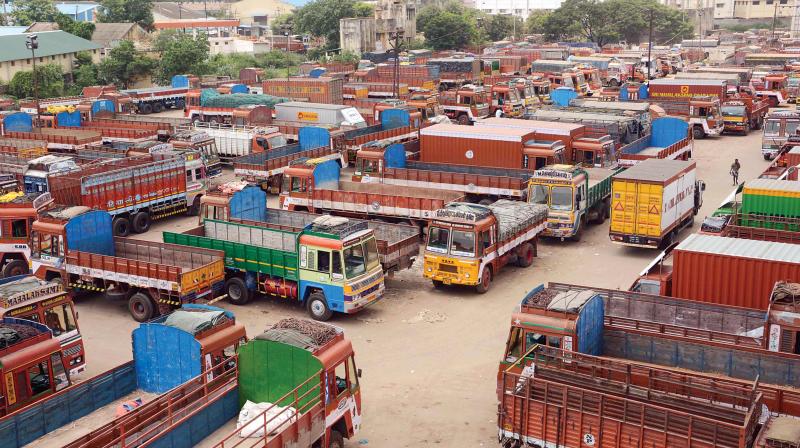 Several lorries stop working due to Bharat Bandh condemning the fuel price hike in Chennai on Monday.  (Photo:DC)