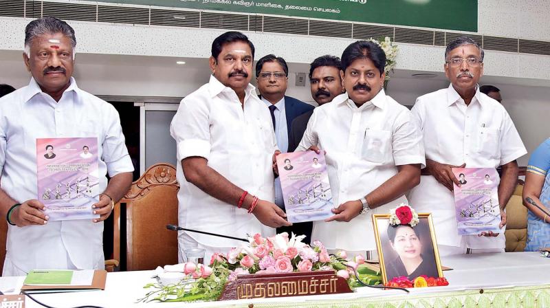 Chief Minister Edappadi K. Palaniswami launches the new Information and Communication Technology (ICT) policy 2018 on Monday. State IT Minister M. Manikandan receives the first copy. Deputy CM O. Panneerselvam is also seen.  (Photo:DC)