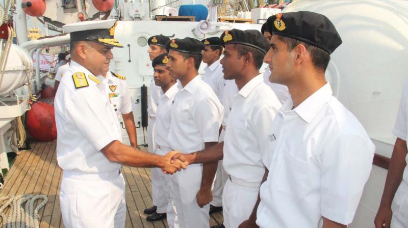 SNC Chief of Staff Rear Admiral RJ Nadkarni meet the crew of INS Tarangini on her return to Kochi.