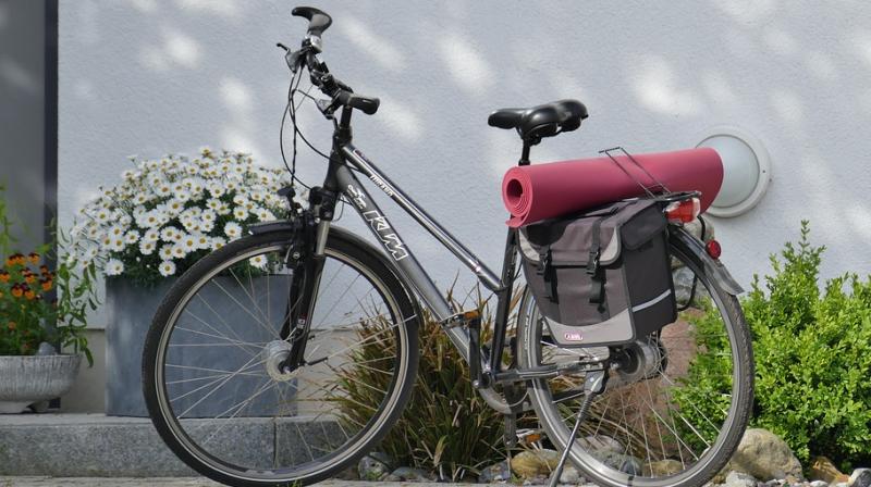 A cycle parked with a yoga mat and bag. (Representational Image)