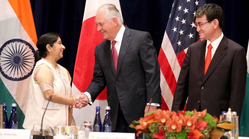 Ms Swarajs assertion in this regard came during her trilateral meeting with US Secretary of State Rex Tillerson and her Japanese counterpart Taro Kono on Monday. (Photo: MEA)