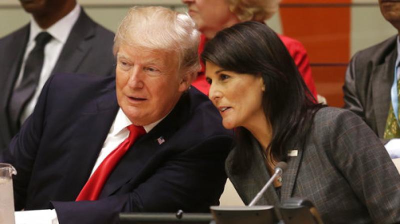 Nikki Haley, Donald Trump  United States President Donald Trump speaks with US Ambassador to the United Nations Nikki Haley before a meeting during the United Nations General Assembly at UN headquarters (Photo: AP)