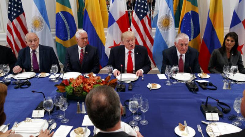 Donald Trump, John Kelly, Mike Pence, Rex Tillerson, Nikki Haley  President Donald Trump speaks during a dinner with Latin American leaders at the Palace Hotel during the United Nations General Assembly on Monday in New York (Photo: AP) (Representational Image)