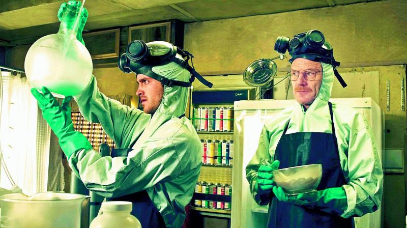 A still from the TV series Breaking Bad, where a school teacher starts  cooking crystal meth