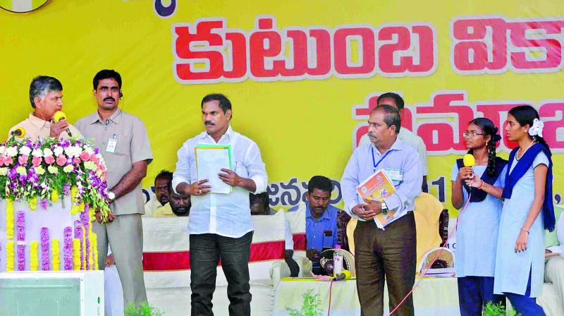 Chief Minister N. Chandrababu Naidu interacts with students during the Janmabhoomi programme in Ramachandrapuram of East Godavari on Thursday. (Photo: DC)