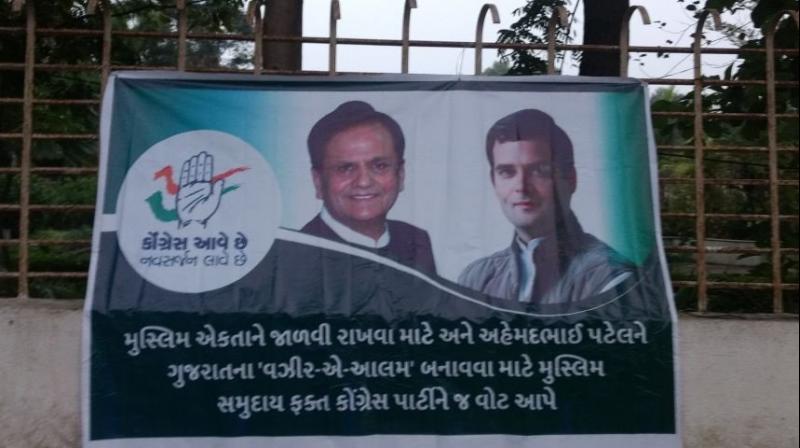 The posters that came up in old city area and Surat-East constituency of the diamond and trading hub which goes to polls on Saturday carried photos of Congress vice president Rahul Gandhi and Ahmed Patel. (Photo: ANI/Twitter)