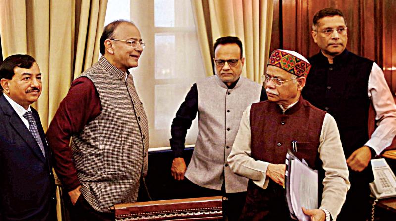 Finance Minister Arun Jaitley with his team of officials after finalising the Union Budget 2018-19 at his office in New Delhi on Wednesday. (Photo: PTI)