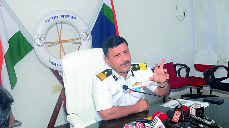 Indian Coast Guard commander of (AP) DIG A.K. Harbola interacts with the media at the Coast Guard headquarters near Malkapuram in Visakhapatnam Tuesday. (Photo: DC)