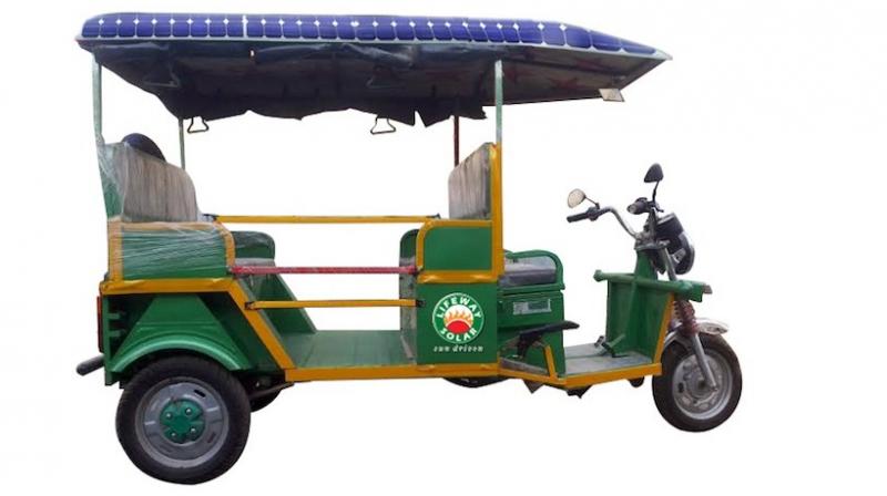 The fledging solar rickshaw is a three-wheeled, five-seater motorised rickshaw with a solar panel on the roof.