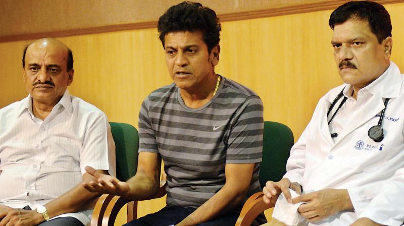 Actor Shivarajkumar and doctors of M S Ramaiah Hospital addressing a press conference about the health condition of Parvathamma Rajkumar in Bengaluru on Thursday