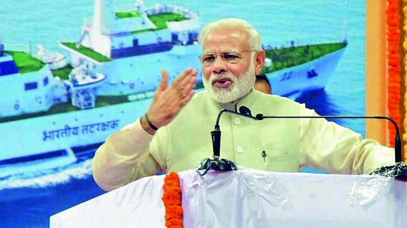 PM Narendra Modi addresses the gathering during the launch of works for Greenfield Airport in Mopa, Goa on Sunday. (Photo: PTI)