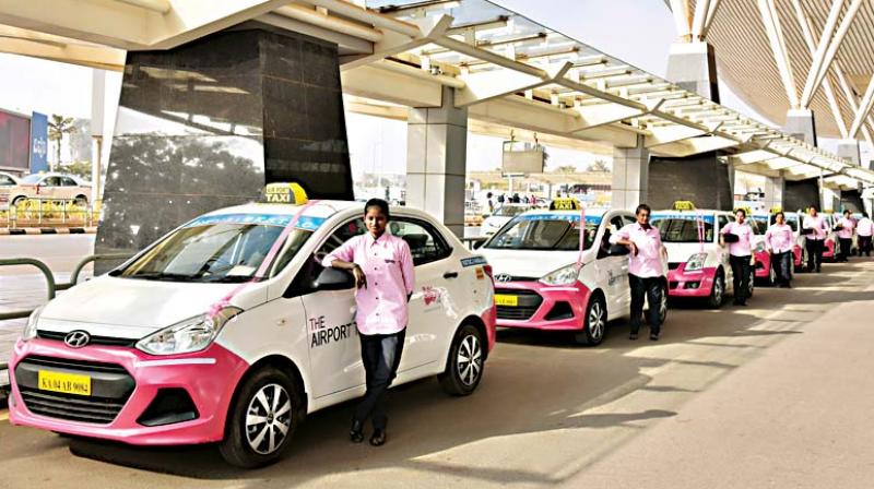 The special cabs driven by women, for women being launched at Kempegowda International Airport on Monday.