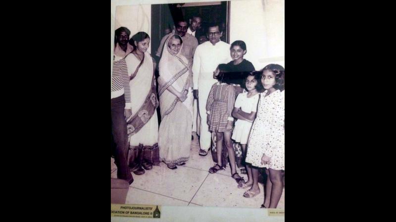 The late prime minister Indira Gandhi with S.M. Krishna and his family at their residence ahead of the Chikkamagalur Lok Sabha bypoll more than four decades ago.
