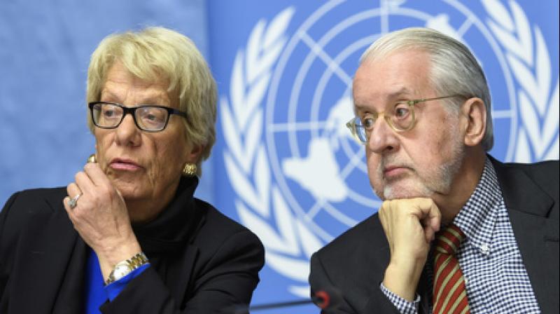 Paulo Pinheiro, right, Chairperson, Independent Commission of Inquiry on the Syrian Arab Republic and Carla del Ponte, left, Member of the Independent Commission of Inquiry on the Syrian Arab Republic. (Photo: AP)