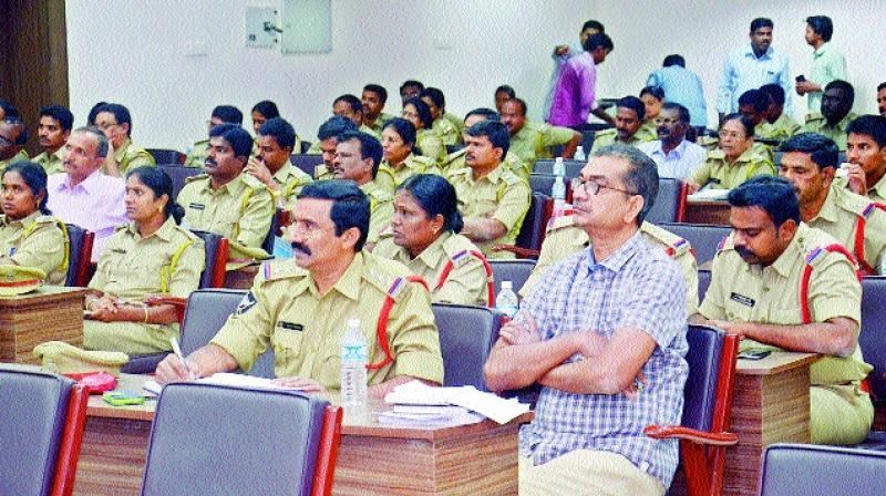 Police and excise department officials take part in a workshop on NDPS Act with reference to Ganja trade and persecution at Zilla Parishad Hall in Visakhapatnam on Wednesday. (Photo: DECCAN CHRONICLE)