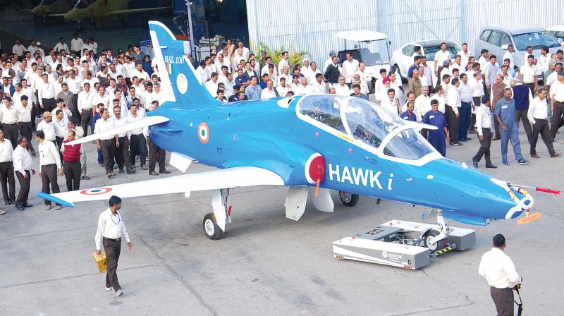 Hawk-i, an indigenously upgraded Hawk Mk132 advanced jet trainer, rolled out of its hanger at Hindustan Aeronautics Ltd facility in Bengaluru on Thursday.