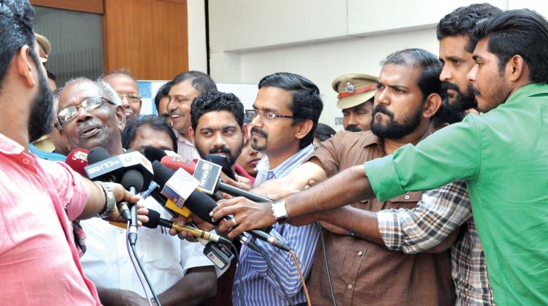 Power minister M.M. Mani speaks to mediapersons in Kozhikode on Sunday. (Photo: DC)
