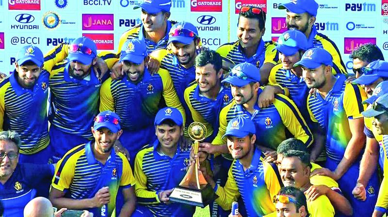Karnataka celebrate after beating Saurashtra in the final of the Vijay Hazare trophy. (Photo: BCCI)