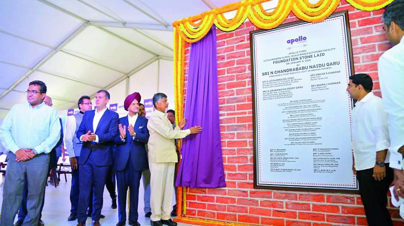 Andhra Pradesh Chief Minister N. Chandrababu Naidu inaugurates Apollo Tyres manufacturing unit in Chittoor district on Tuesday. (Photo: DC)