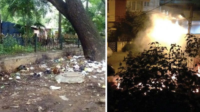 A waste dump at Indiranagar and, (Right) garbage set on fire