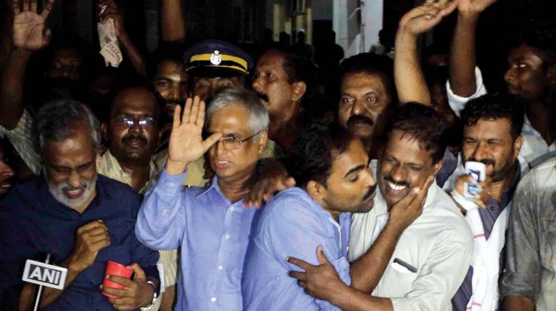 Jishnu Prannoys father Ashokan and uncle Sreejith share the joy as the indefinite strike was called off at Thiruvananthapuram on Sunday. (Photo: PEETHAMBARAN PAYYERI)