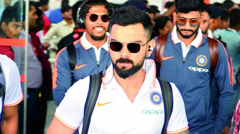 Team India captain Virat Kohli arrives at Visakhapatnam airport on Monday. India will take on the West Indies in their second ODI of the series at the ACA-VDCA Stadium in Visakhapatnam on Wednesday. 	 (K. Murali Krishna)