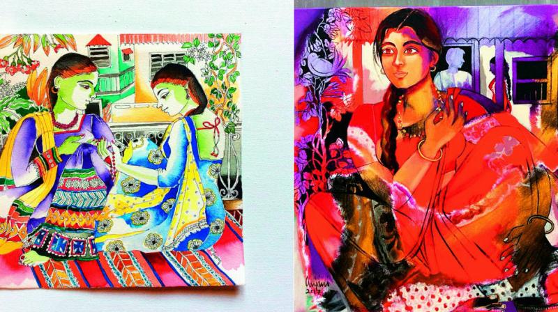 Anjanis artworks are mostly women-centric and unveil the intricate nuances and  anecdotes that take place in their lives