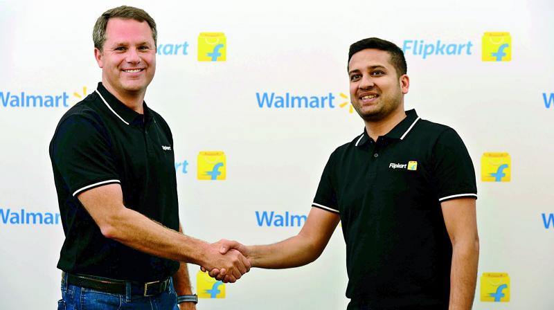 Walmart Inc CEO Doug McMillon with Flipkart Co-Founder and CEO Binny Bansal in Bengaluru during the takeover.