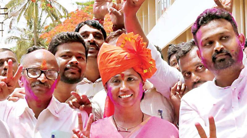 Congress candidate Lakshmi Hebbalkar celebrates her victory in Belagavi on Tuesday  (Image: KPN)