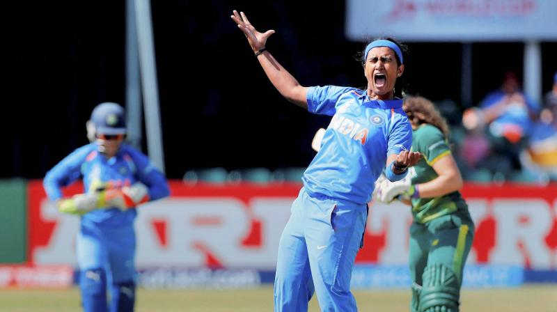 Shikha Pandey celebrates the wicket of Laura Wolvaardt during the ICC Womens World Cup match against South Africa at Leicester on Saturday. (Photo: AP)