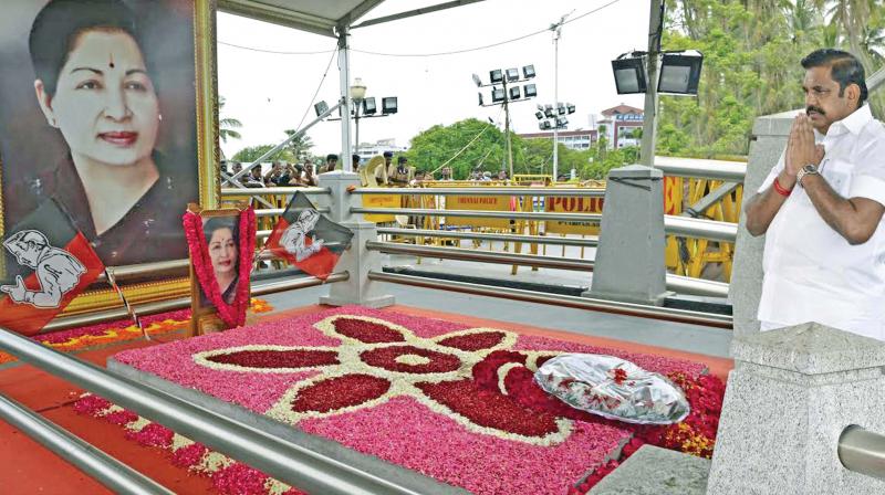 Chief Minister K. Palaniswami pays homage at the memorial of former AIADMK  supremo Jayalalithaa at the Marina on completion of the debate on the grants for the home department on Saturday. Palaniswamis reply to the two-day debate on the home department was his first as Chief Minister.